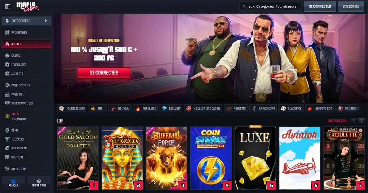 Page d&rsquo;accueil de Mafia Casino avec bonus de bienvenue 100% jusqu&rsquo;&agrave; 500 &euro; et 200 free spins, menu jeux et machines &agrave; sous populaires